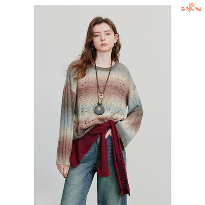 Women’s striped wool-blend pullover with loose fit, round neck, and bohemian style, designed for cozy autumn and winter wear.