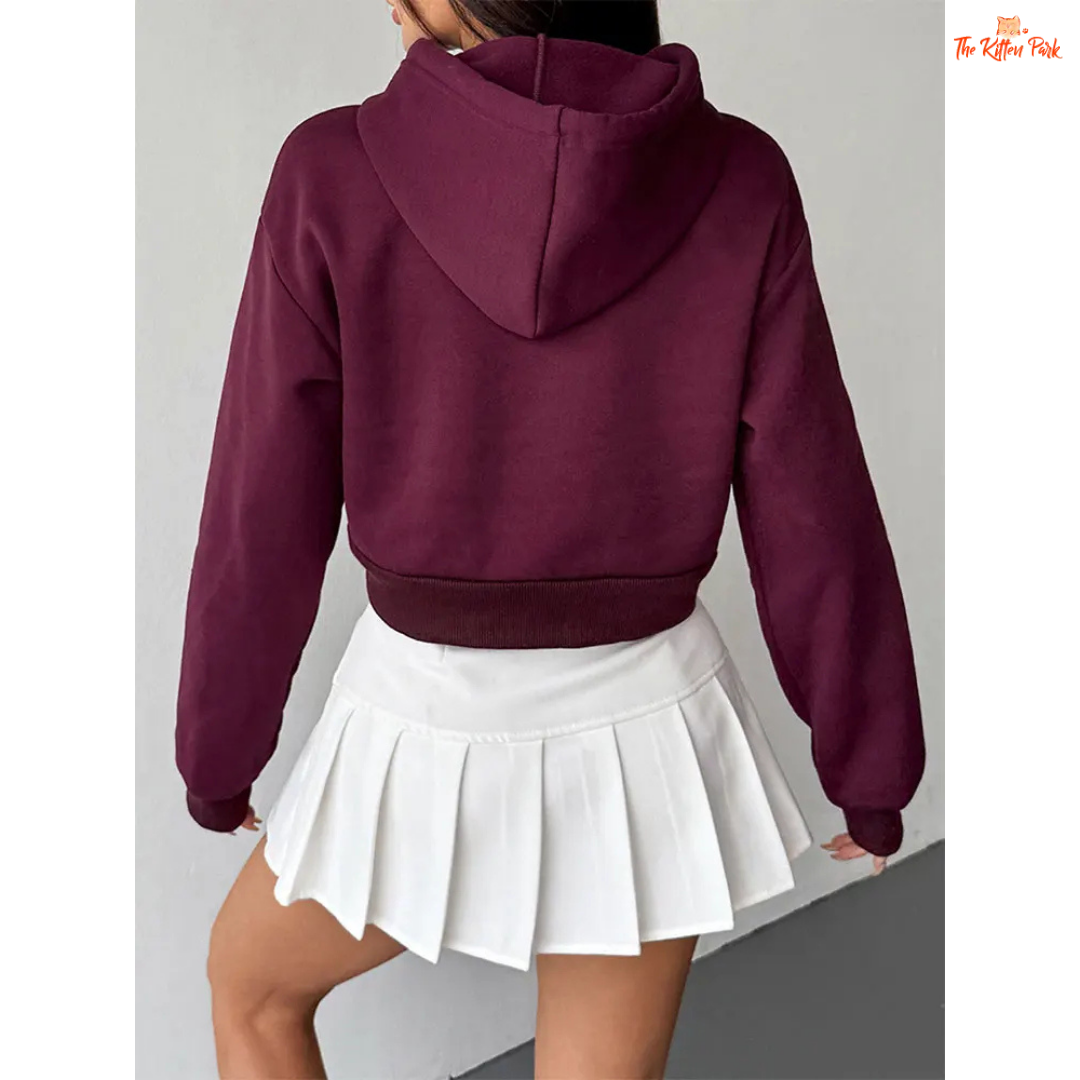 A wine-red women's autumn lace-up hoodie with zipper closure, hood, and pockets — thick knit streetwear pullover for casual comfort.