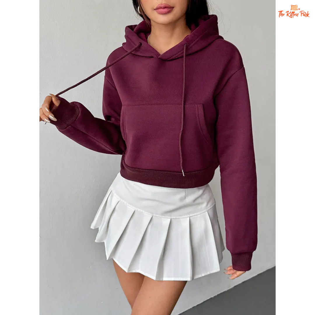 A wine-red women's autumn lace-up hoodie with zipper closure, hood, and pockets — thick knit streetwear pullover for casual comfort.