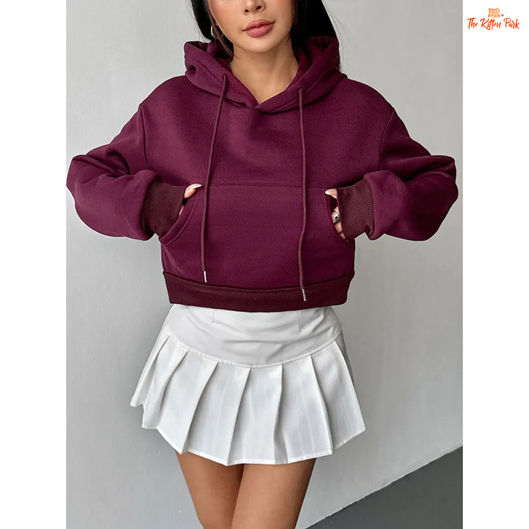 A wine-red women's autumn lace-up hoodie with zipper closure, hood, and pockets — thick knit streetwear pullover for casual comfort.