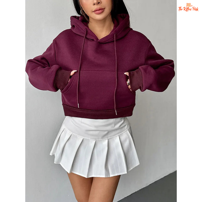 A wine-red women's autumn lace-up hoodie with zipper closure, hood, and pockets — thick knit streetwear pullover for casual comfort.