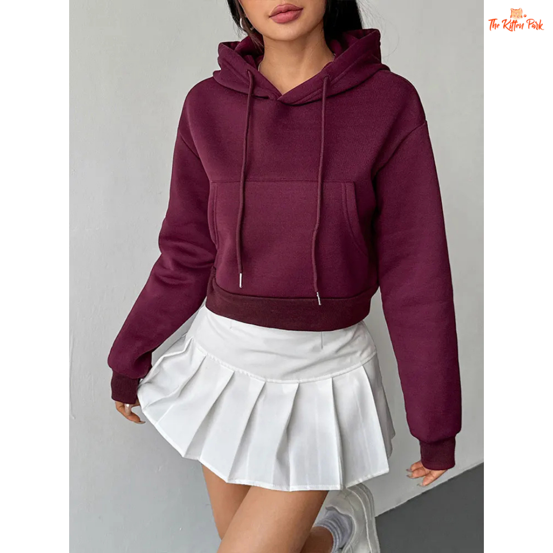 A wine-red women's autumn lace-up hoodie with zipper closure, hood, and pockets — thick knit streetwear pullover for casual comfort.