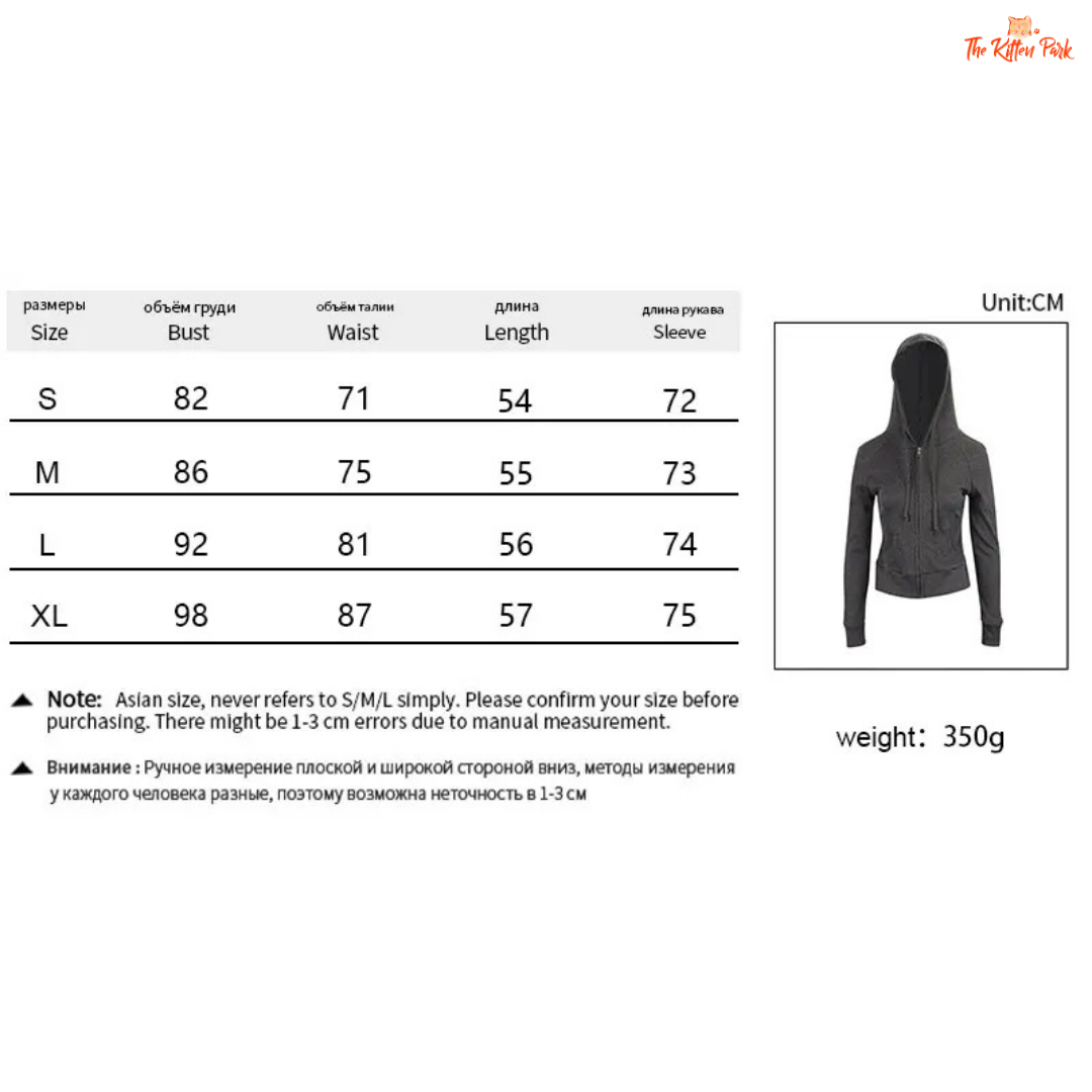 Hoodie with size chart and weight information on a white background