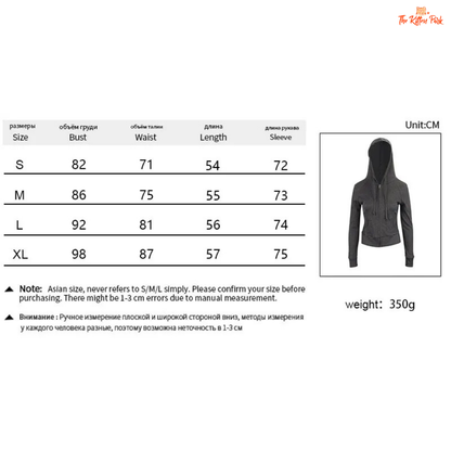 Hoodie with size chart and weight information on a white background