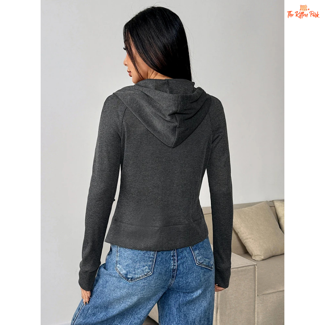 Gray lace-up hoodie coat for women with thick fur lining and sporty pullover design, perfect for autumn warmth and casual streetwear style.