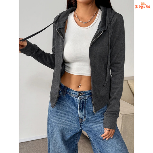 Gray lace-up hoodie coat for women with thick fur lining and sporty pullover design, perfect for autumn warmth and casual streetwear style.