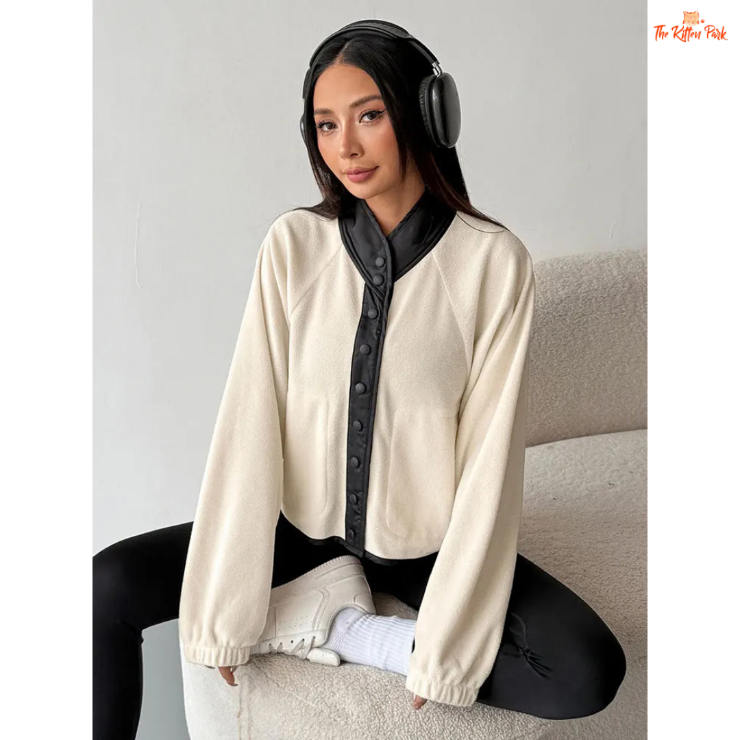 A beige women’s autumn patchwork wool coat with V-neck, zipper and button closure, long sleeves, and streetwear slim fit style.