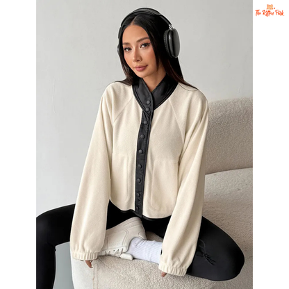 A beige women’s autumn patchwork wool coat with V-neck, zipper and button closure, long sleeves, and streetwear slim fit style.