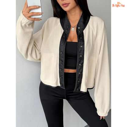 A beige women’s autumn patchwork wool coat with V-neck, zipper and button closure, long sleeves, and streetwear slim fit style.