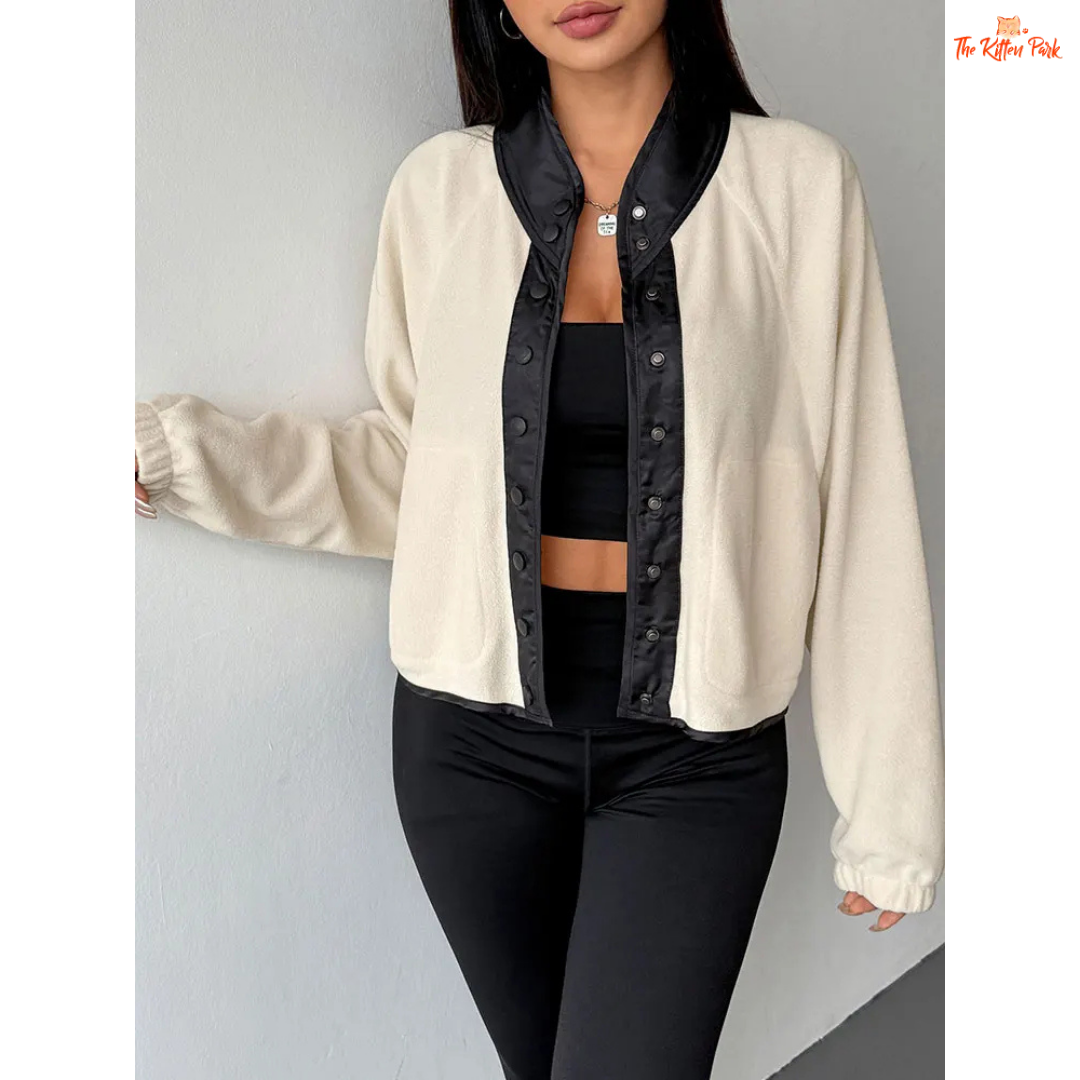 A beige women’s autumn patchwork wool coat with V-neck, zipper and button closure, long sleeves, and streetwear slim fit style.