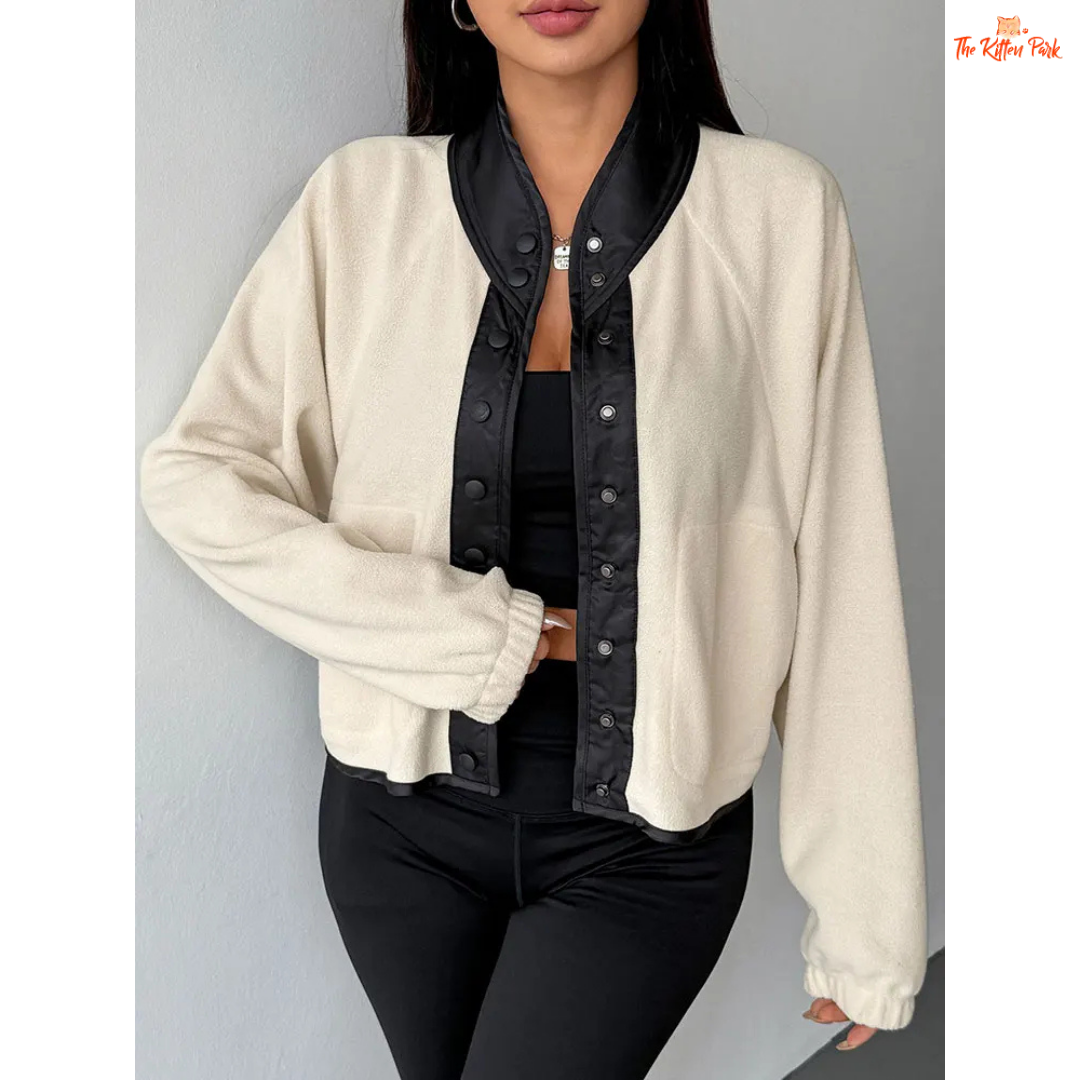 A beige women’s autumn patchwork wool coat with V-neck, zipper and button closure, long sleeves, and streetwear slim fit style.