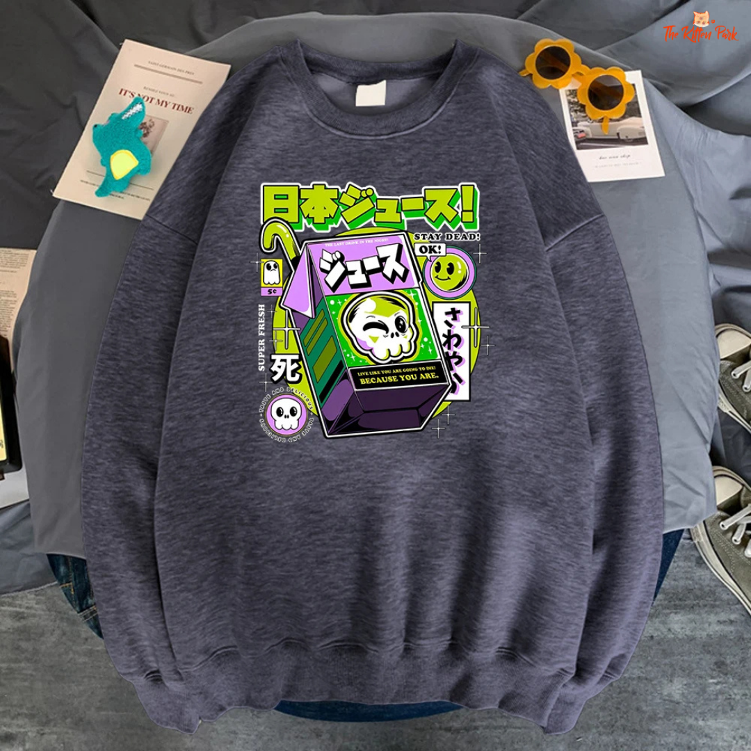 Women’s casual fleece pullover sweatshirt with skull print, loose fit, long sleeves, perfect for autumn and winter streetwear.