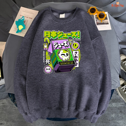 Women’s casual fleece pullover sweatshirt with skull print, loose fit, long sleeves, perfect for autumn and winter streetwear.