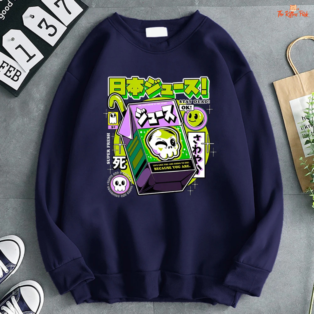 Women’s casual fleece pullover sweatshirt with skull print, loose fit, long sleeves, perfect for autumn and winter streetwear.