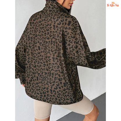 Women’s Autumn Streetwear Leopard Print Hoodie featuring a zip-up front, cotton liner, and slim-fit design in a bold brown leopard pattern.