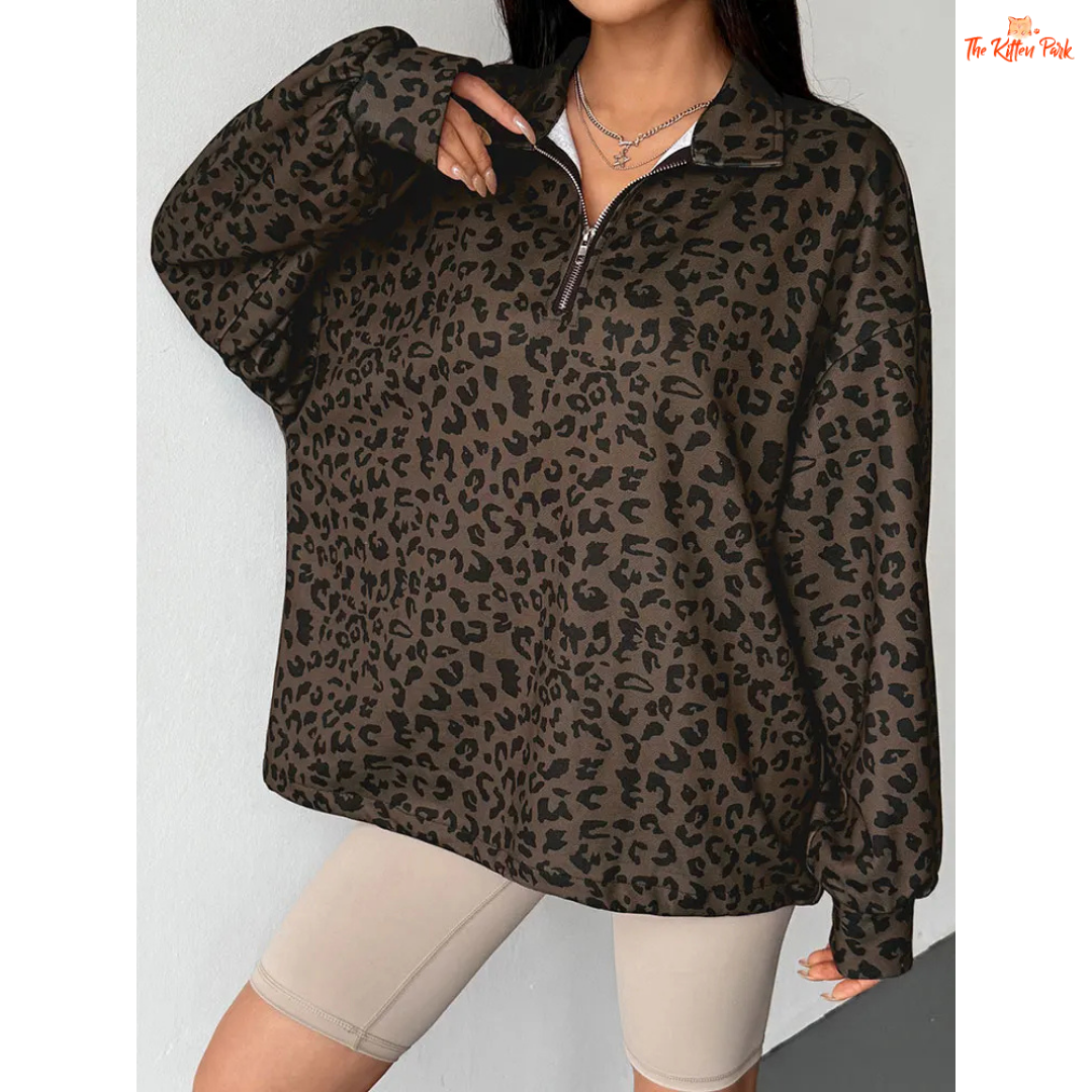 Women’s Autumn Streetwear Leopard Print Hoodie featuring a zip-up front, cotton liner, and slim-fit design in a bold brown leopard pattern.
