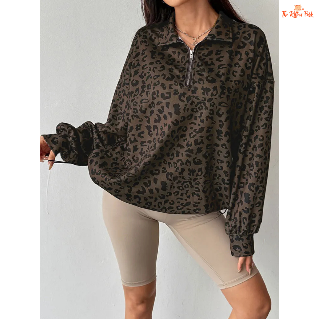Women’s Autumn Streetwear Leopard Print Hoodie featuring a zip-up front, cotton liner, and slim-fit design in a bold brown leopard pattern.