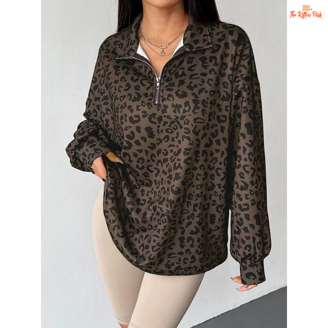 Women’s Autumn Streetwear Leopard Print Hoodie featuring a zip-up front, cotton liner, and slim-fit design in a bold brown leopard pattern.