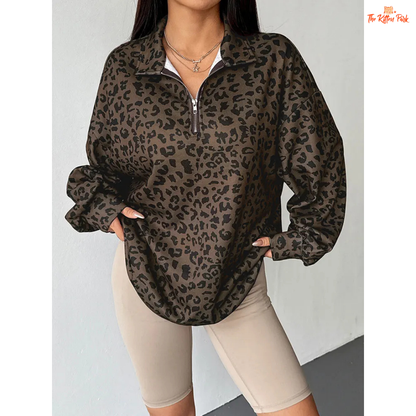 Women’s Autumn Streetwear Leopard Print Hoodie featuring a zip-up front, cotton liner, and slim-fit design in a bold brown leopard pattern.
