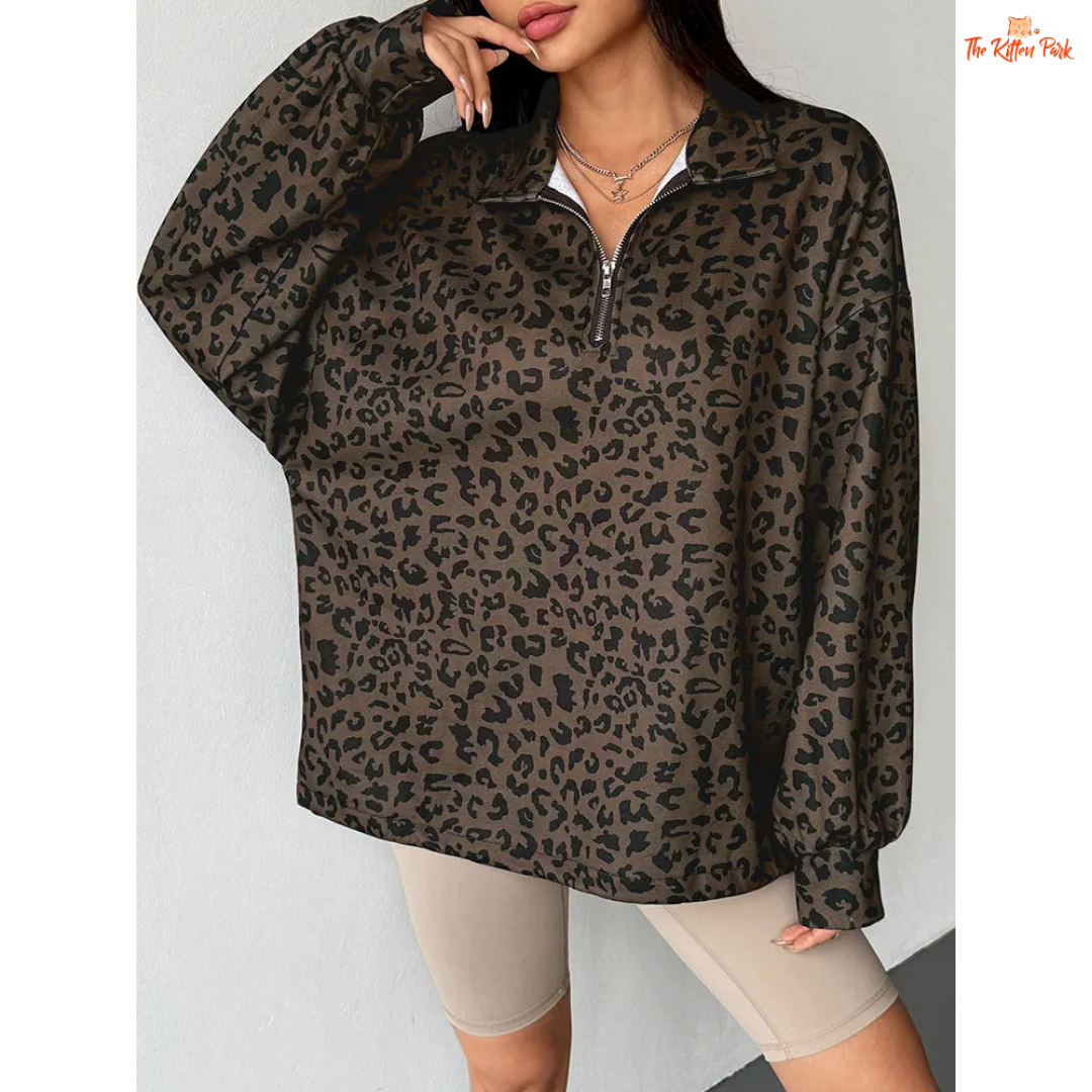 Women’s Autumn Streetwear Leopard Print Hoodie featuring a zip-up front, cotton liner, and slim-fit design in a bold brown leopard pattern.