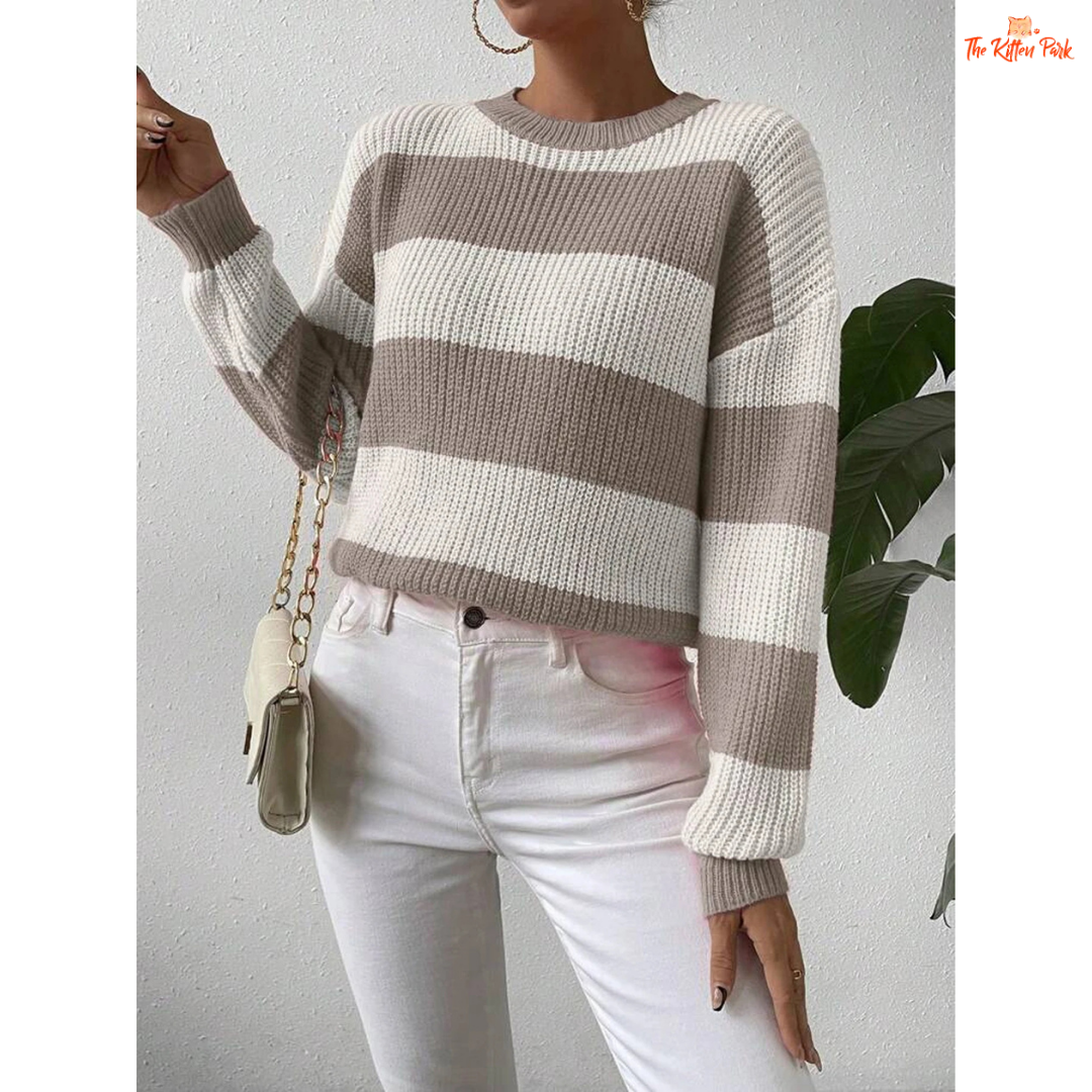 Autumn Winter Striped Knit Sweater – Casual Round Neck Pullover with striped pattern, heavyweight acrylic fabric, O-neck, regular fit, full sleeves, on a dirty white background.