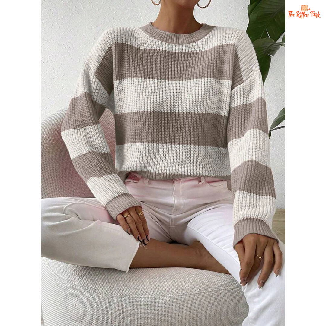 Autumn Winter Striped Knit Sweater – Casual Round Neck Pullover with striped pattern, heavyweight acrylic fabric, O-neck, regular fit, full sleeves, on a dirty white background.