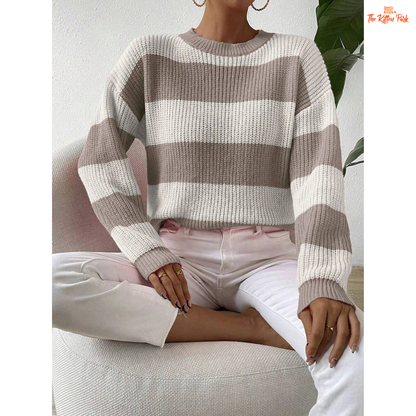 Autumn Winter Striped Knit Sweater – Casual Round Neck Pullover with striped pattern, heavyweight acrylic fabric, O-neck, regular fit, full sleeves, on a dirty white background.