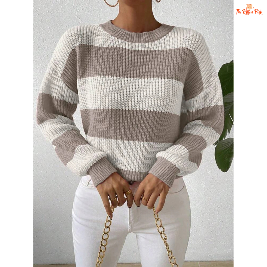 Autumn Winter Striped Knit Sweater – Casual Round Neck Pullover with striped pattern, heavyweight acrylic fabric, O-neck, regular fit, full sleeves, on a dirty white background.