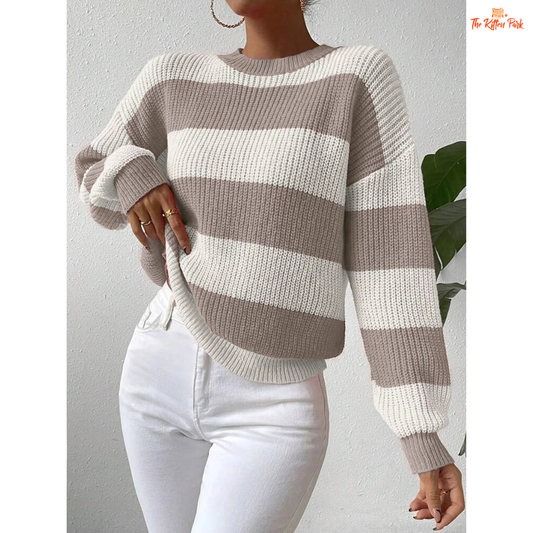 Autumn Winter Striped Knit Sweater – Casual Round Neck Pullover with striped pattern, heavyweight acrylic fabric, O-neck, regular fit, full sleeves, on a dirty white background.