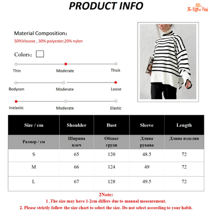 Product information sheet with a striped sweater, material composition, color options, and size chart.