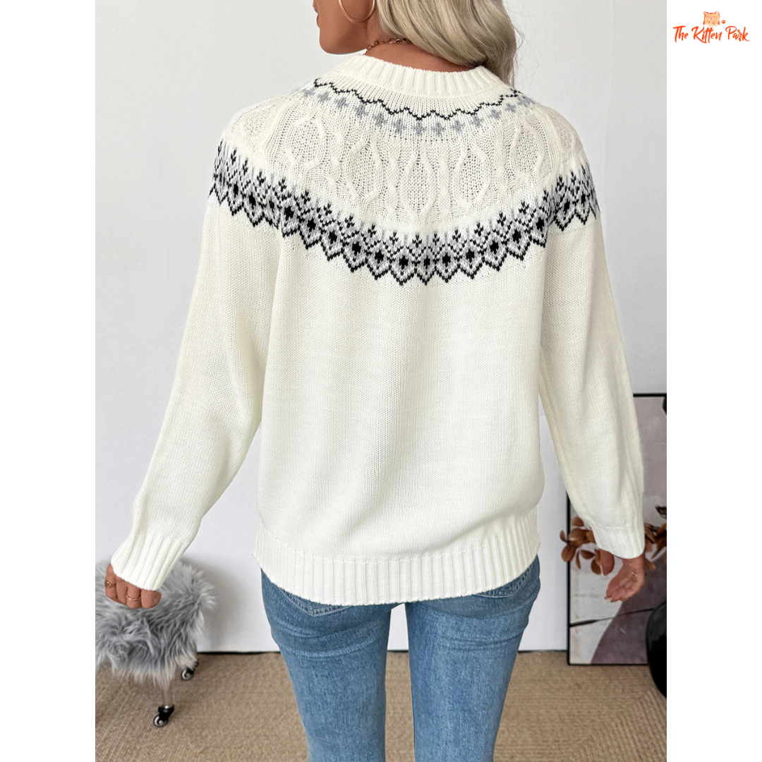 Autumn Winter Women’s Sweater, Fair Isle ethnic print round-neck knitwear for women with full sleeves, medium weight, and regular fit.