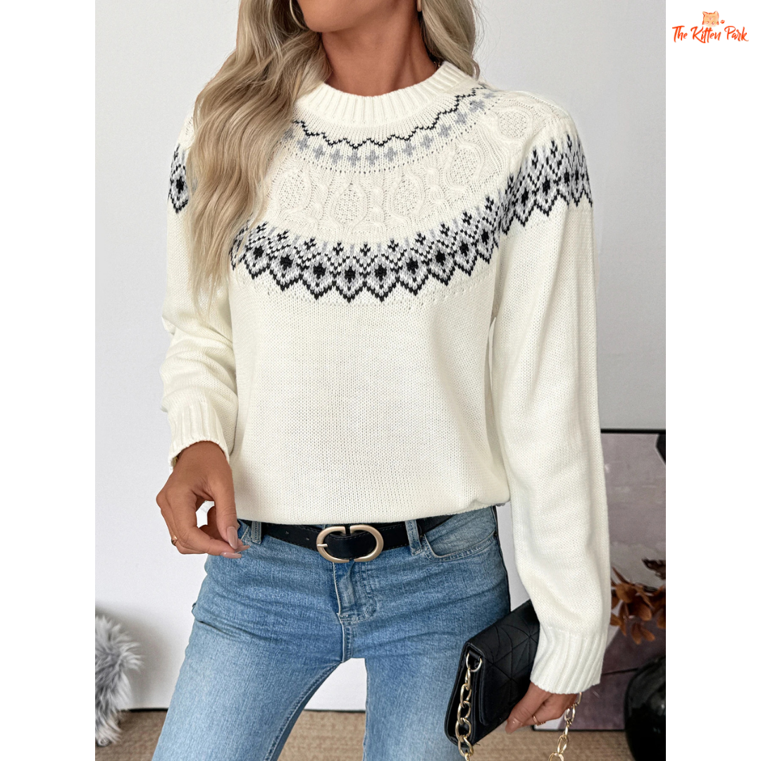 Autumn Winter Women’s Sweater, Fair Isle ethnic print round-neck knitwear for women with full sleeves, medium weight, and regular fit.