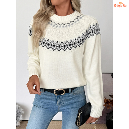 Autumn Winter Women’s Sweater, Fair Isle ethnic print round-neck knitwear for women with full sleeves, medium weight, and regular fit.