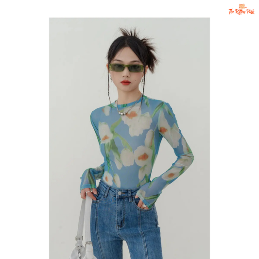 Sheer floral mesh turtleneck with a slim vintage fit, perfect for spring layering with Korean-inspired elegance.