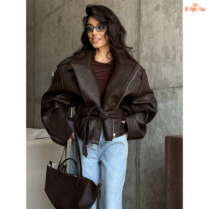 Women's brown faux leather belted biker jacket with lace-up waist, puff sleeves, and zipper closure. Perfect for autumn/winter office style.