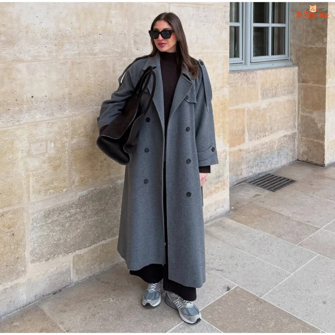 Grey and brown gradient double-breasted woolen coat for women, long lapel overcoat with pockets, classic autumn winter fashion style.