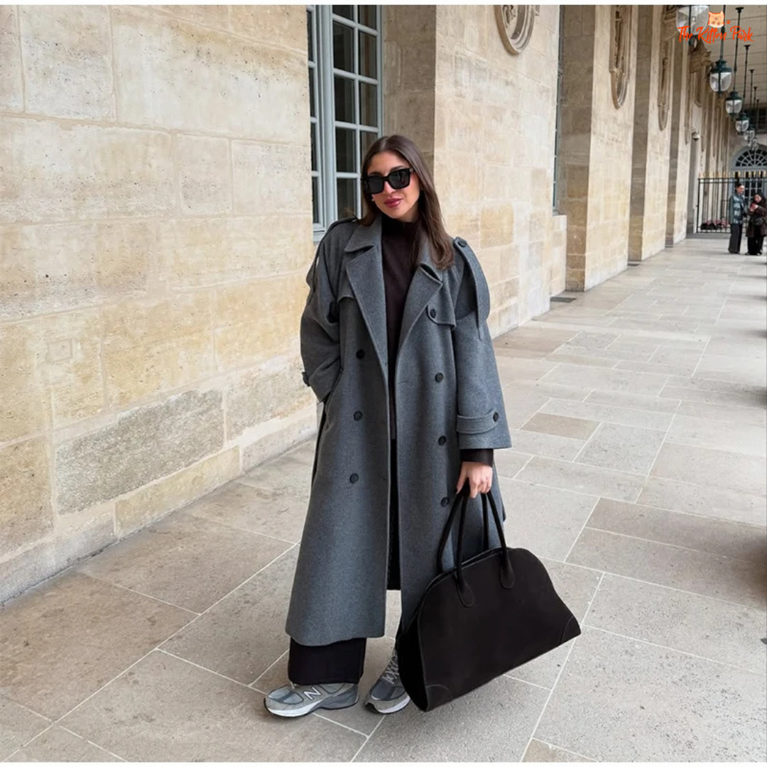 Grey and brown gradient double-breasted woolen coat for women, long lapel overcoat with pockets, classic autumn winter fashion style.