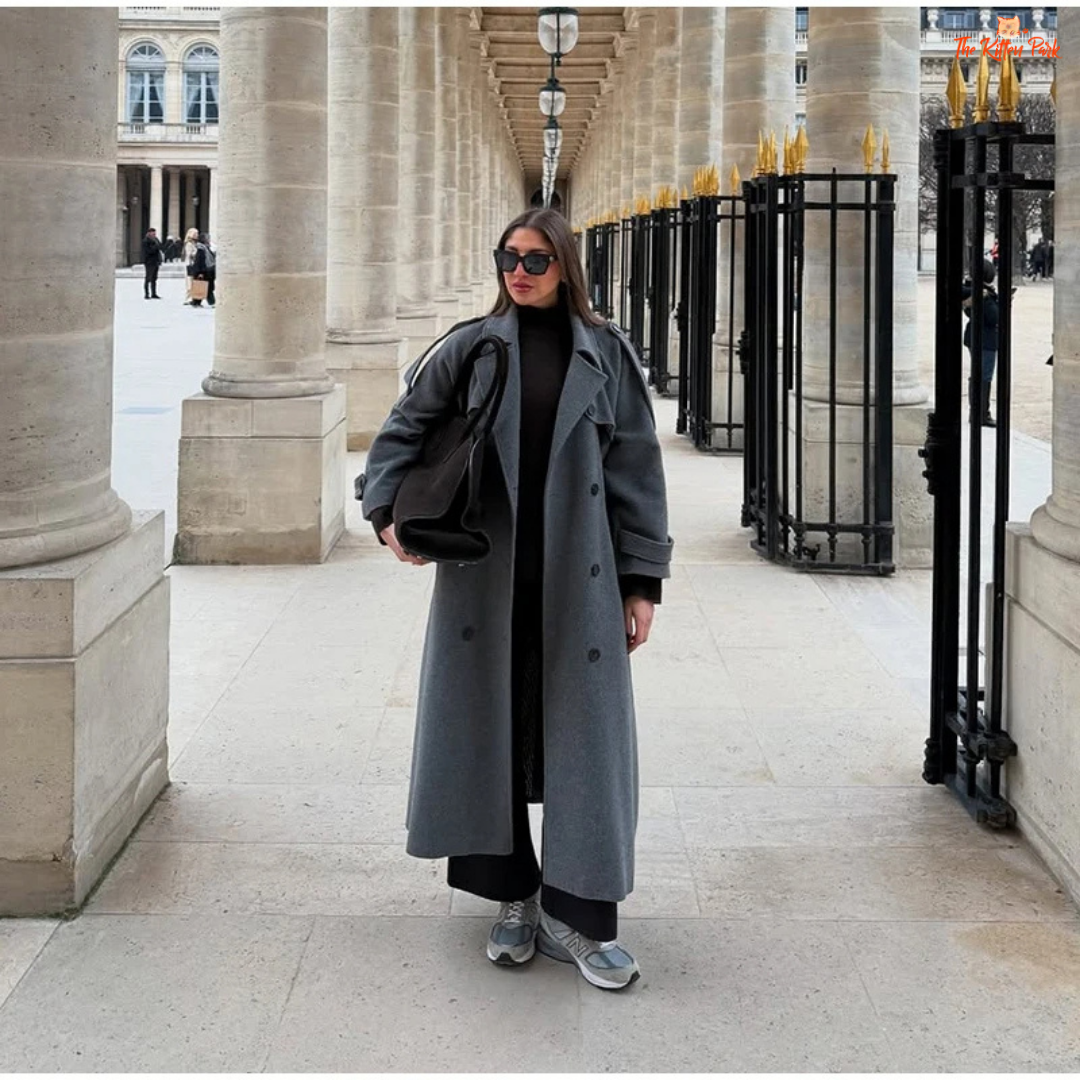 Grey and brown gradient double-breasted woolen coat for women, long lapel overcoat with pockets, classic autumn winter fashion style.