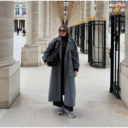 Grey and brown gradient double-breasted woolen coat for women, long lapel overcoat with pockets, classic autumn winter fashion style.