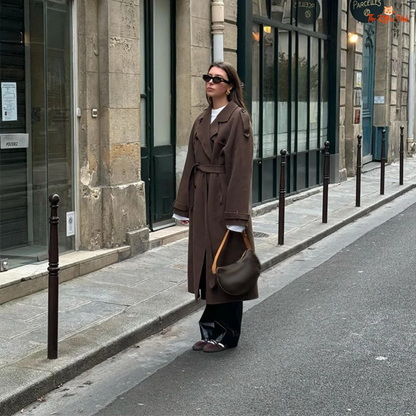 Grey and brown gradient double-breasted woolen coat for women, long lapel overcoat with pockets, classic autumn winter fashion style.