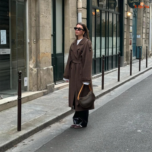 Grey and brown gradient double-breasted woolen coat for women, long lapel overcoat with pockets, classic autumn winter fashion style.