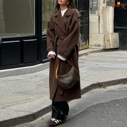 Grey and brown gradient double-breasted woolen coat for women, long lapel overcoat with pockets, classic autumn winter fashion style.