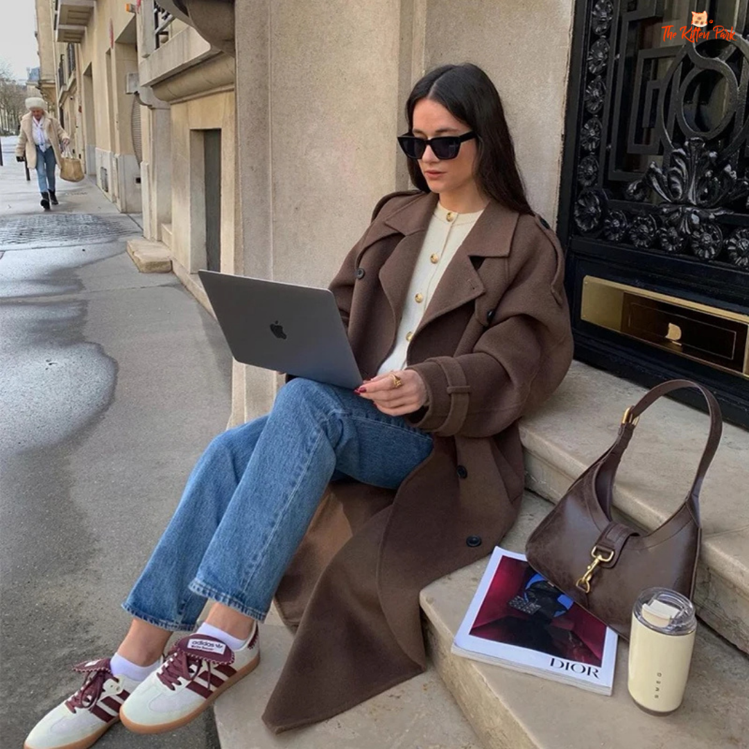 Grey and brown gradient double-breasted woolen coat for women, long lapel overcoat with pockets, classic autumn winter fashion style.