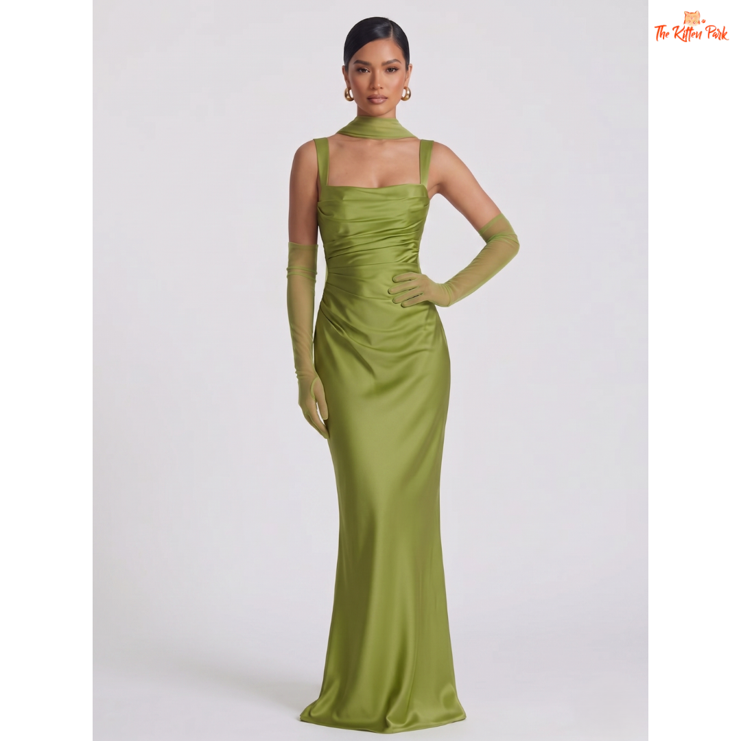 Backless satin maxi dress with square neckline, ankle-length bodycon silhouette, and elegant party style.