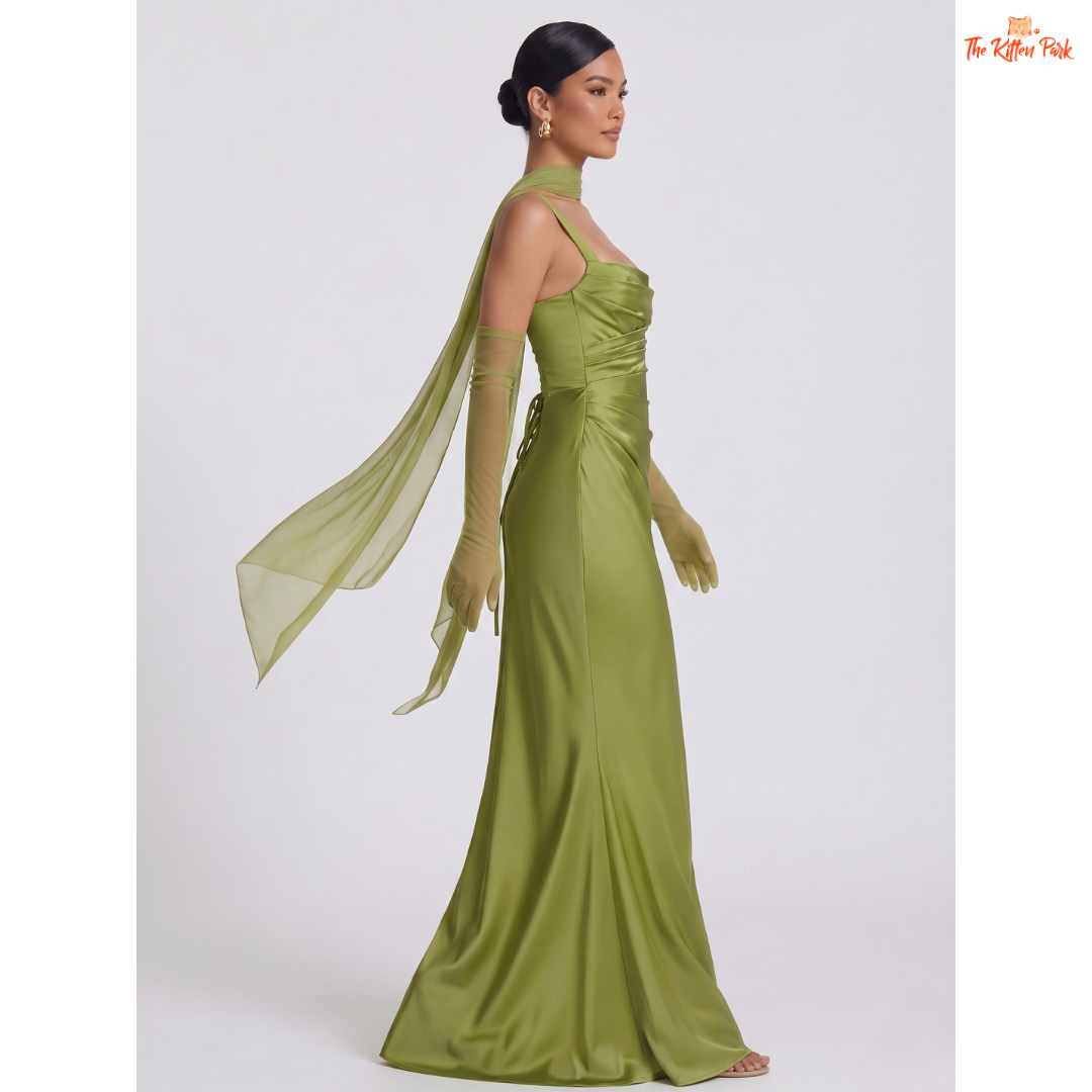 Backless satin maxi dress with square neckline, ankle-length bodycon silhouette, and elegant party style.