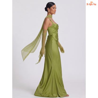 Backless satin maxi dress with square neckline, ankle-length bodycon silhouette, and elegant party style.
