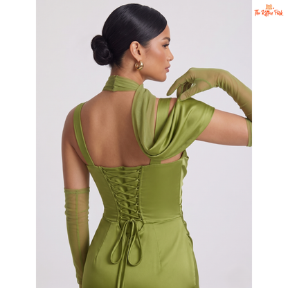 Backless satin maxi dress with square neckline, ankle-length bodycon silhouette, and elegant party style.