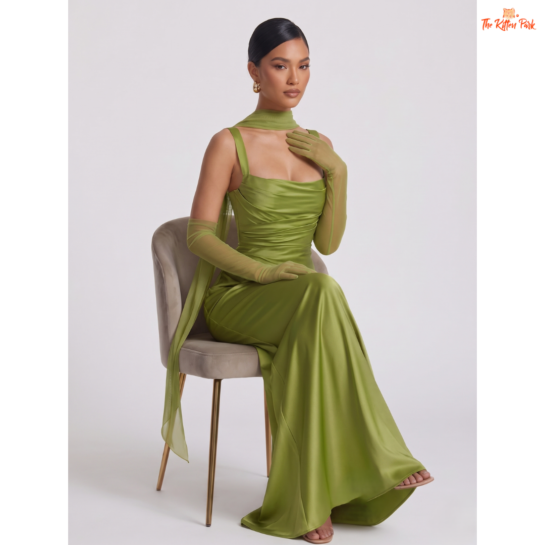 Backless satin maxi dress with square neckline, ankle-length bodycon silhouette, and elegant party style.