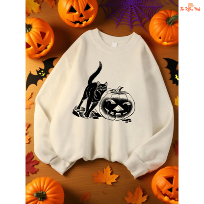 Black Cat & Pumpkin Lantern Sweatshirt – Halloween Oversize Top in fleece polyester, loose fit with cartoon pumpkin and cat design, cozy for autumn/winter.