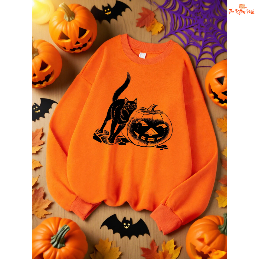 Black Cat & Pumpkin Lantern Sweatshirt – Halloween Oversize Top in fleece polyester, loose fit with cartoon pumpkin and cat design, cozy for autumn/winter.
